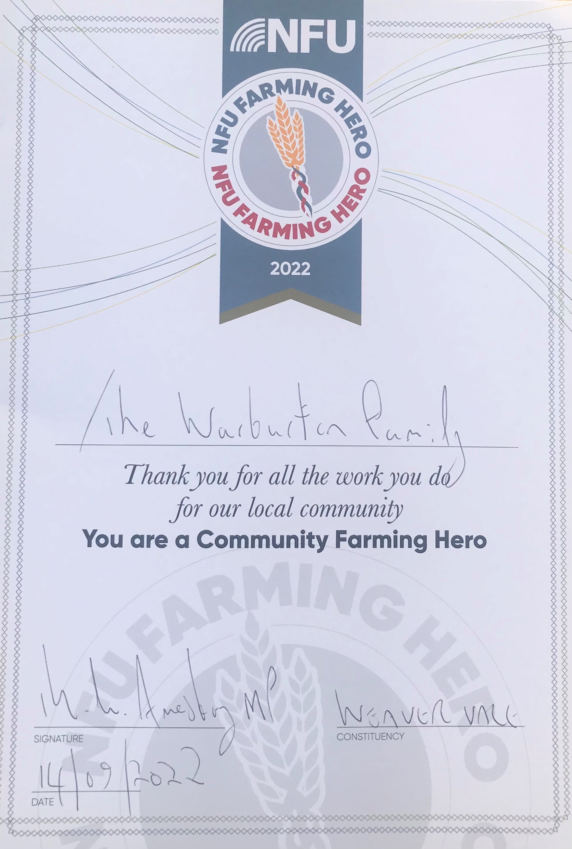 The certificate the Warburton farming family received.