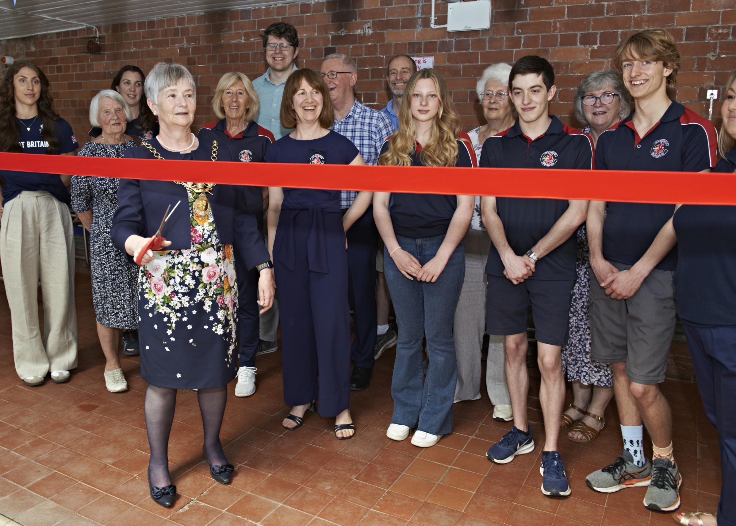 The official opening of the new competition legal diving blocks, by Lord Mayor of Chester Sheila Little.