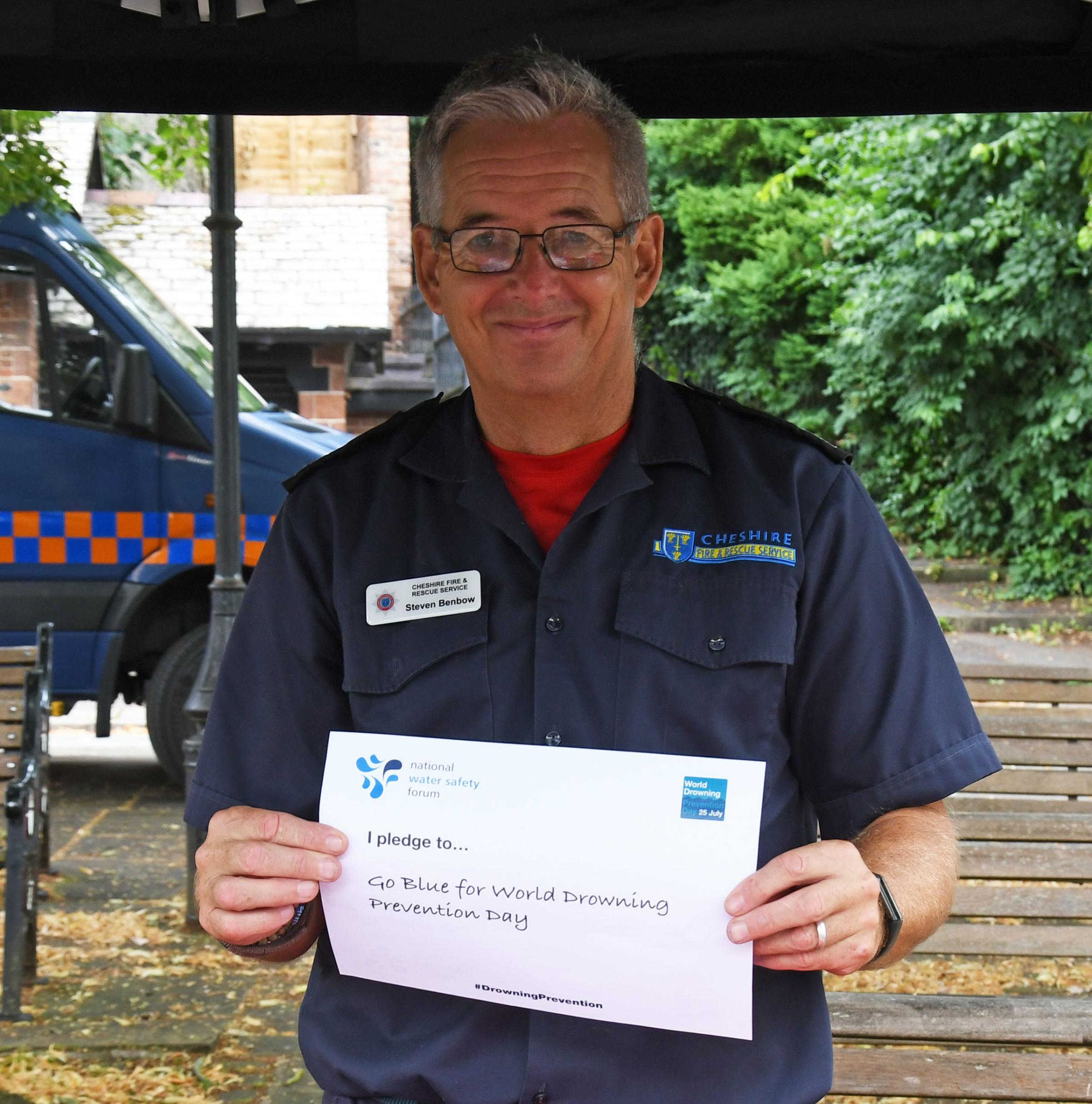 Cheshire Fire and rescue Services Steven Benbow with the pledge to Go Blue for World Drowning Prevention Day.