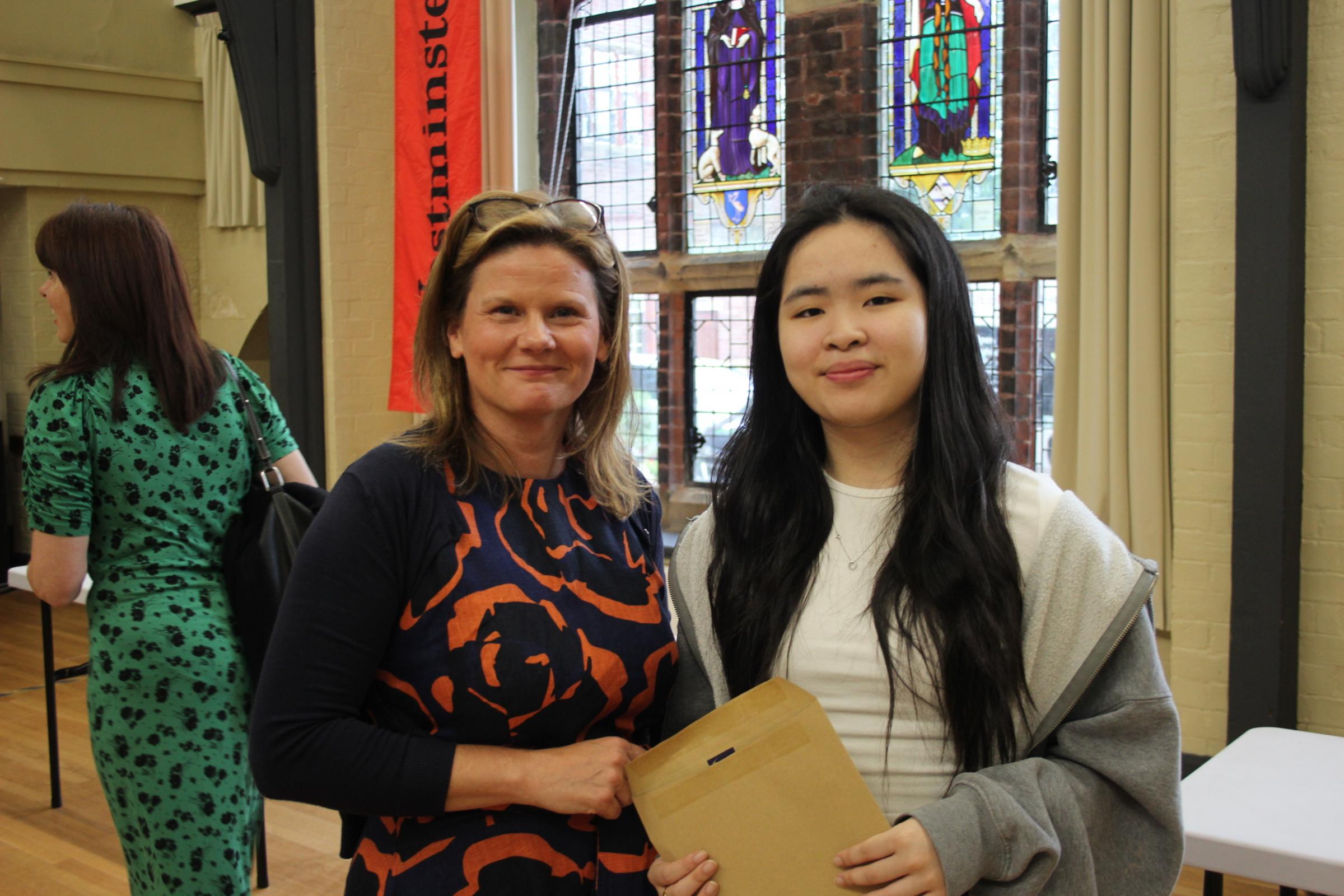 Headmistress Joanne Keville feeling proud with Rachel Ho who is off to study medicine.