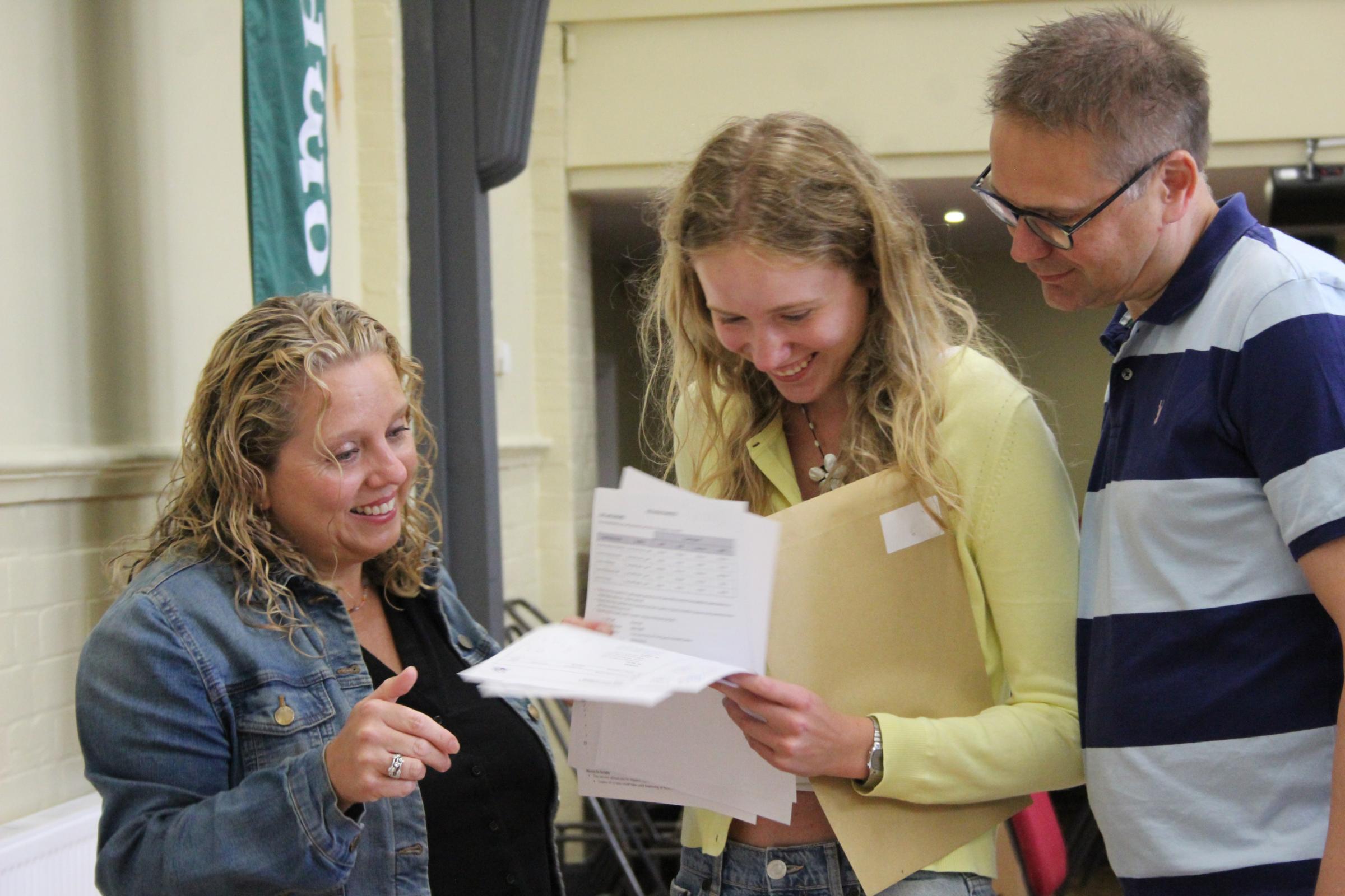 Isabella Iles reading her results with her parents.