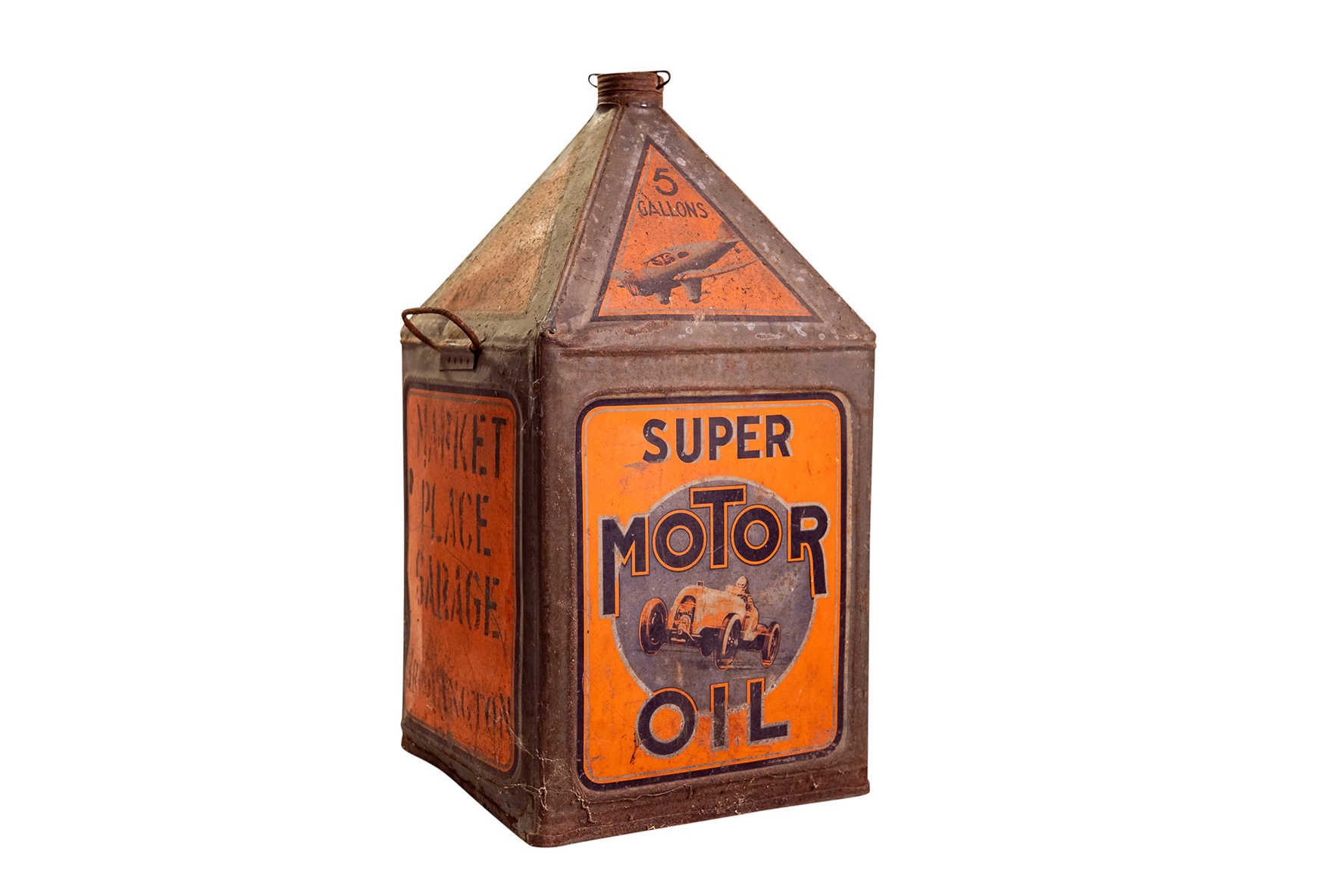 The Super Motor Oil five-gallon pyramid that was sold