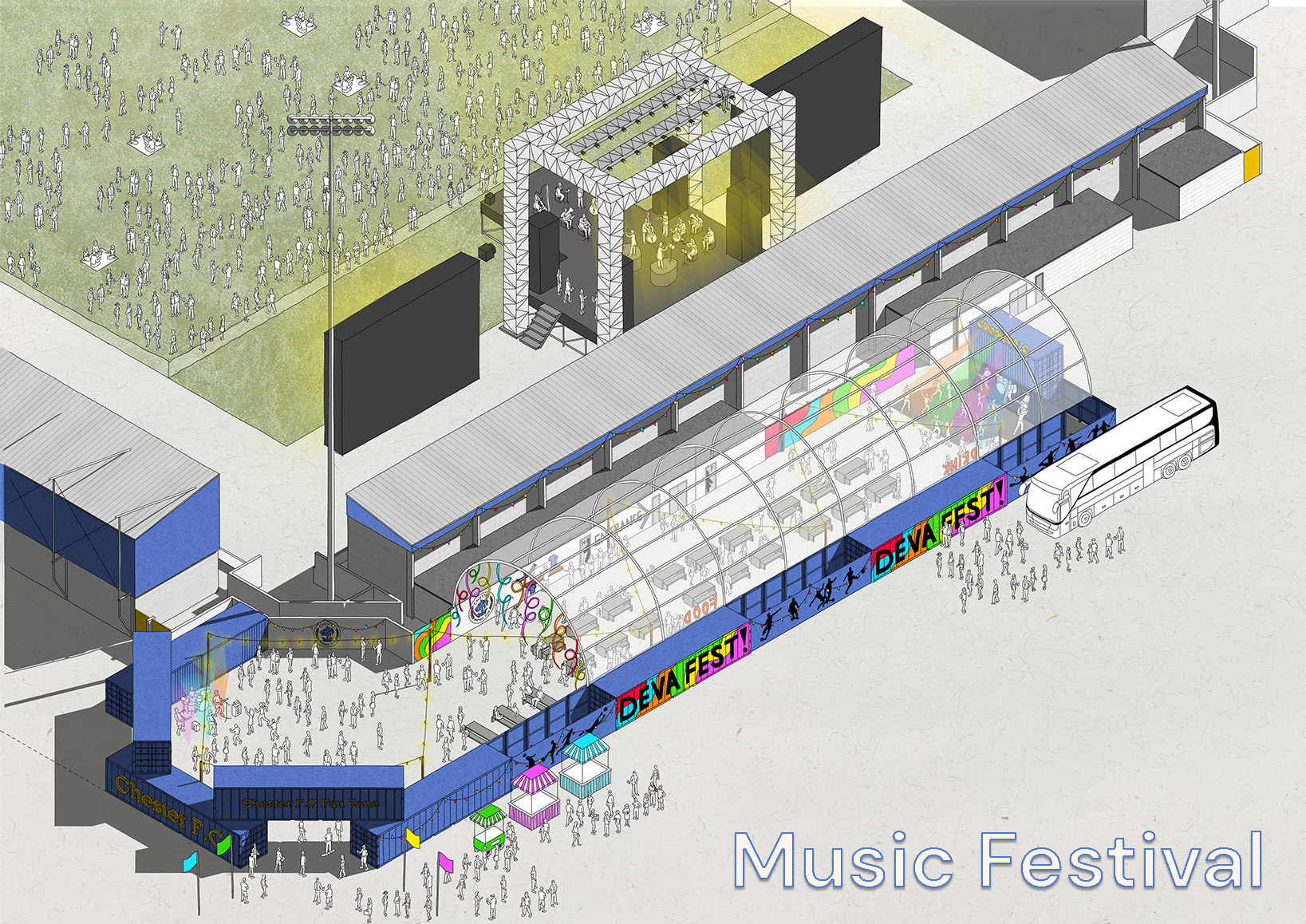 Concept designs by Common Practice of what a Fan Zone at the Deva Stadium could look like in the future.